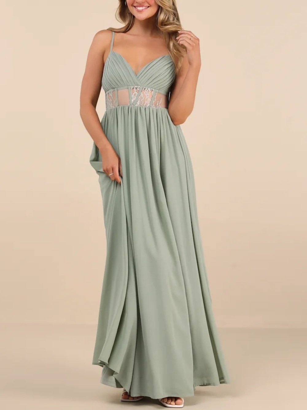 New Lulus Medium Kaylin Sage Green Pleated Lace Maxi Dress Wedding Formal